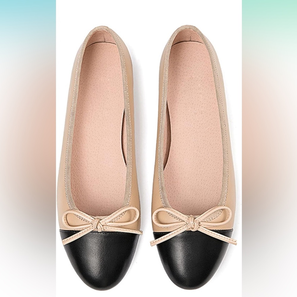 Women’s Classic Round Toe Matte Leather Two Tone Block Ballet Flats